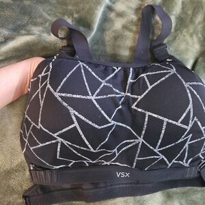 VSX Black Sports Bra with Silver Geometric Pattern